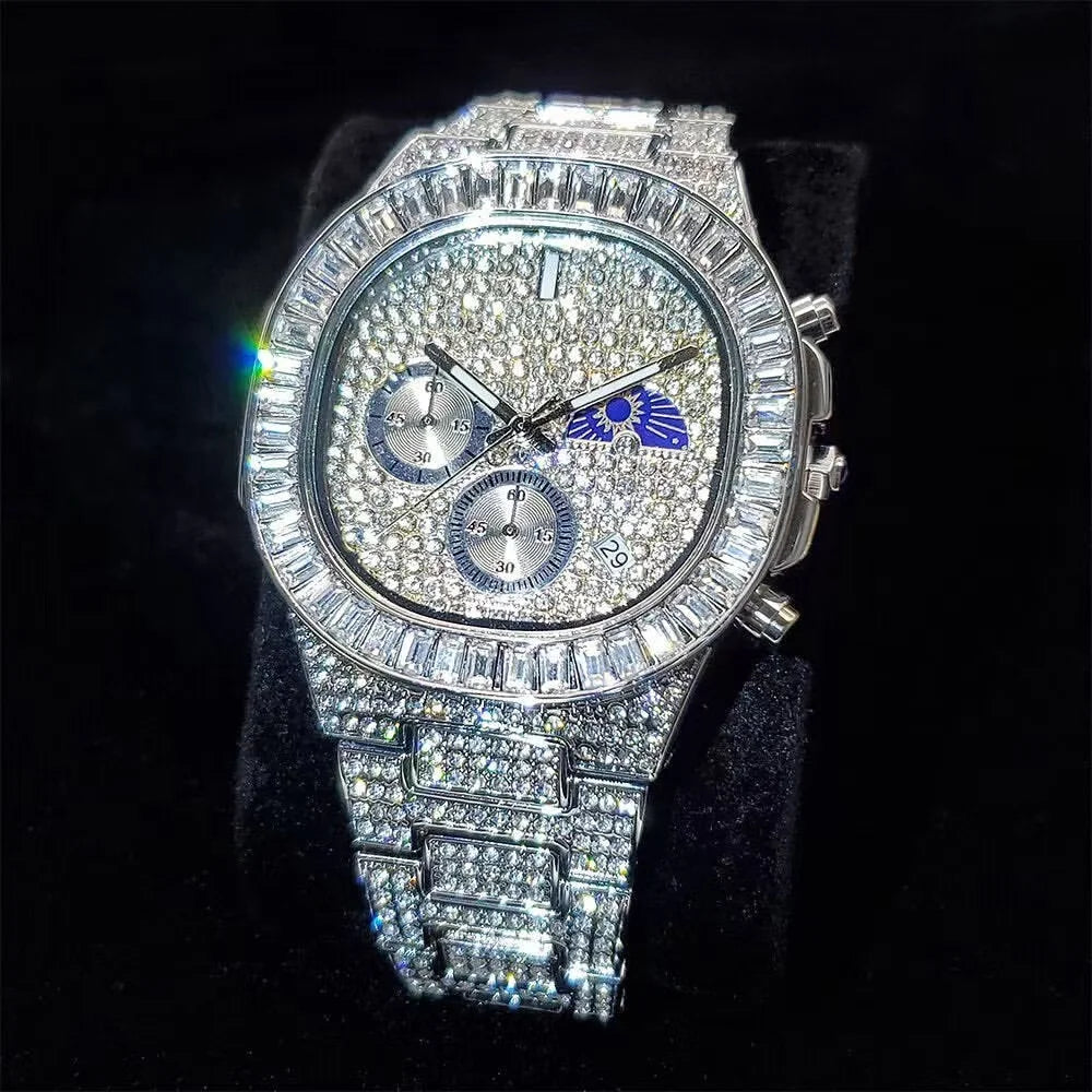 Iced Out Diamond Square Quartz Watch — 44mm, Day/Date, 3BAR
