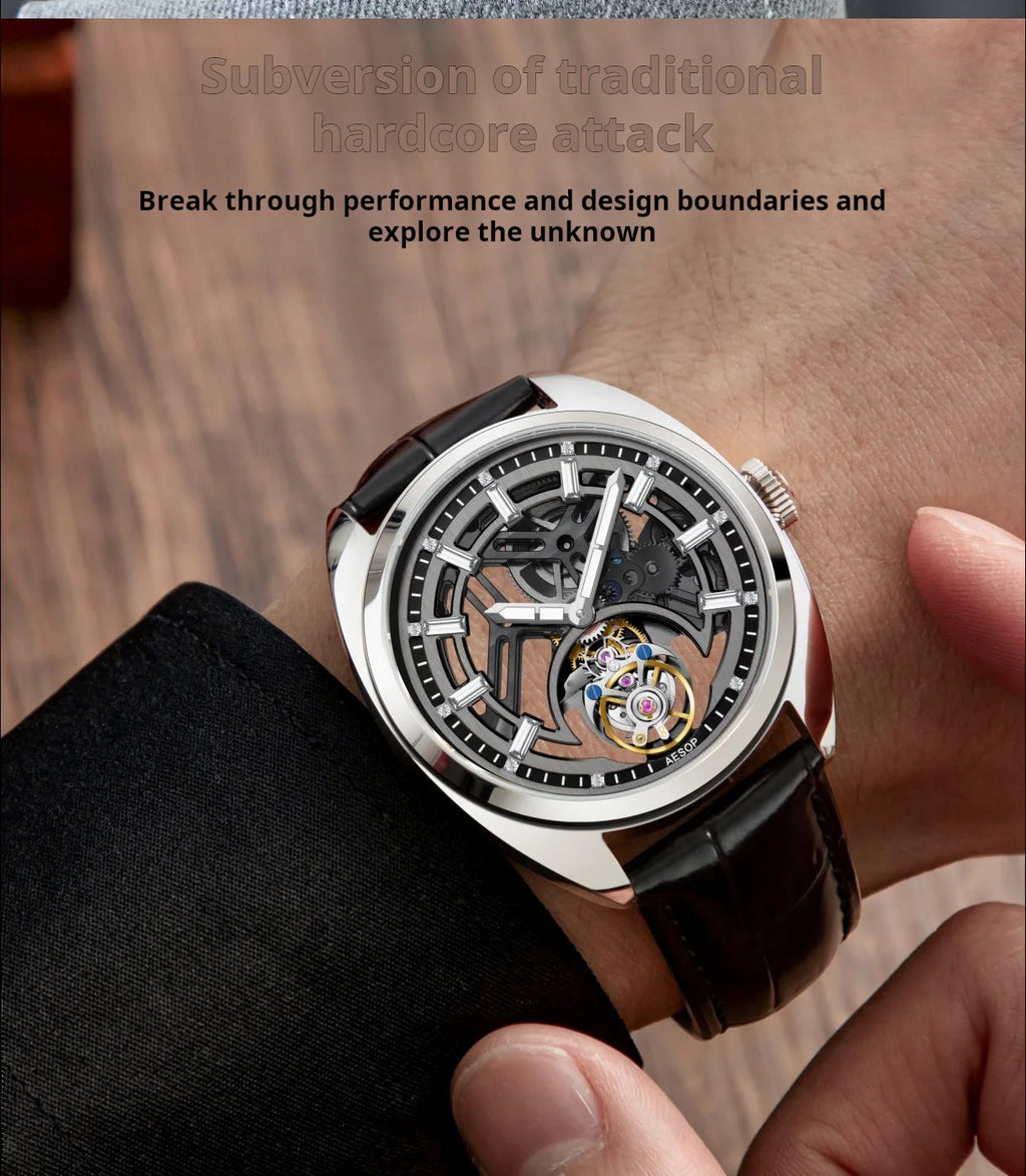Skeleton Luminous Sapphire Tourbillon Watch — Round, 42mm, Leather