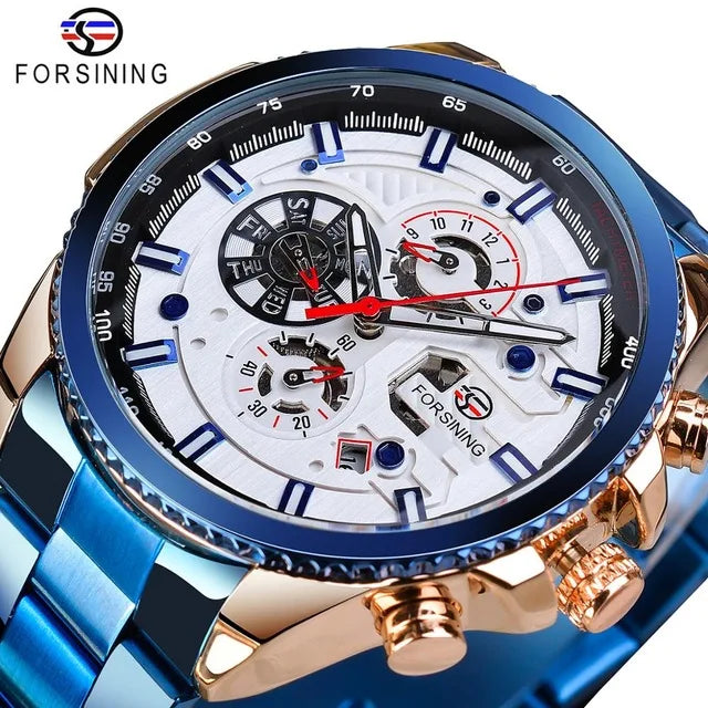 Forsining Three-Dial Automatic Mechanical Watch — 44mm, Day/Date