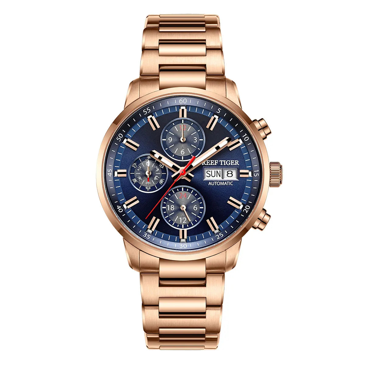 Reef Tiger Blue Chronograph Automatic Watch — Sapphire, 10BAR, 40mm