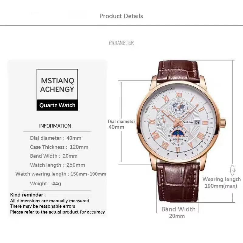 Men's Fashion Leather Oval Quartz Watch — 40mm, Day/Date, 3BAR