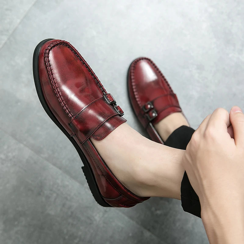 Red Color Double Monk Strap Shoes for Men Classic Comfortable Durable Flat Lightweight Slip on Casual Daily Dress Shoes