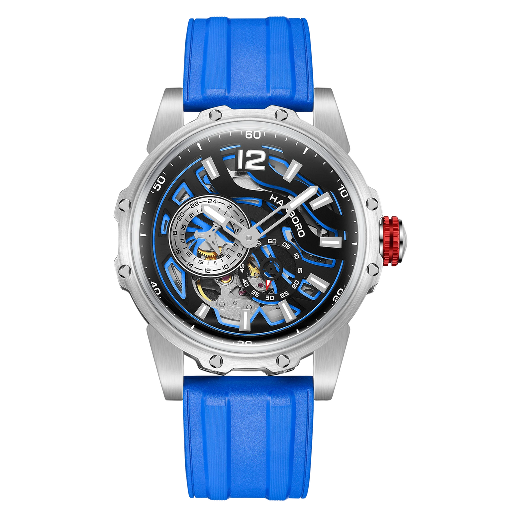 HANBORO Zebra Stripe Automatic Watch — 44mm Round, Crystal, Rubber Strap