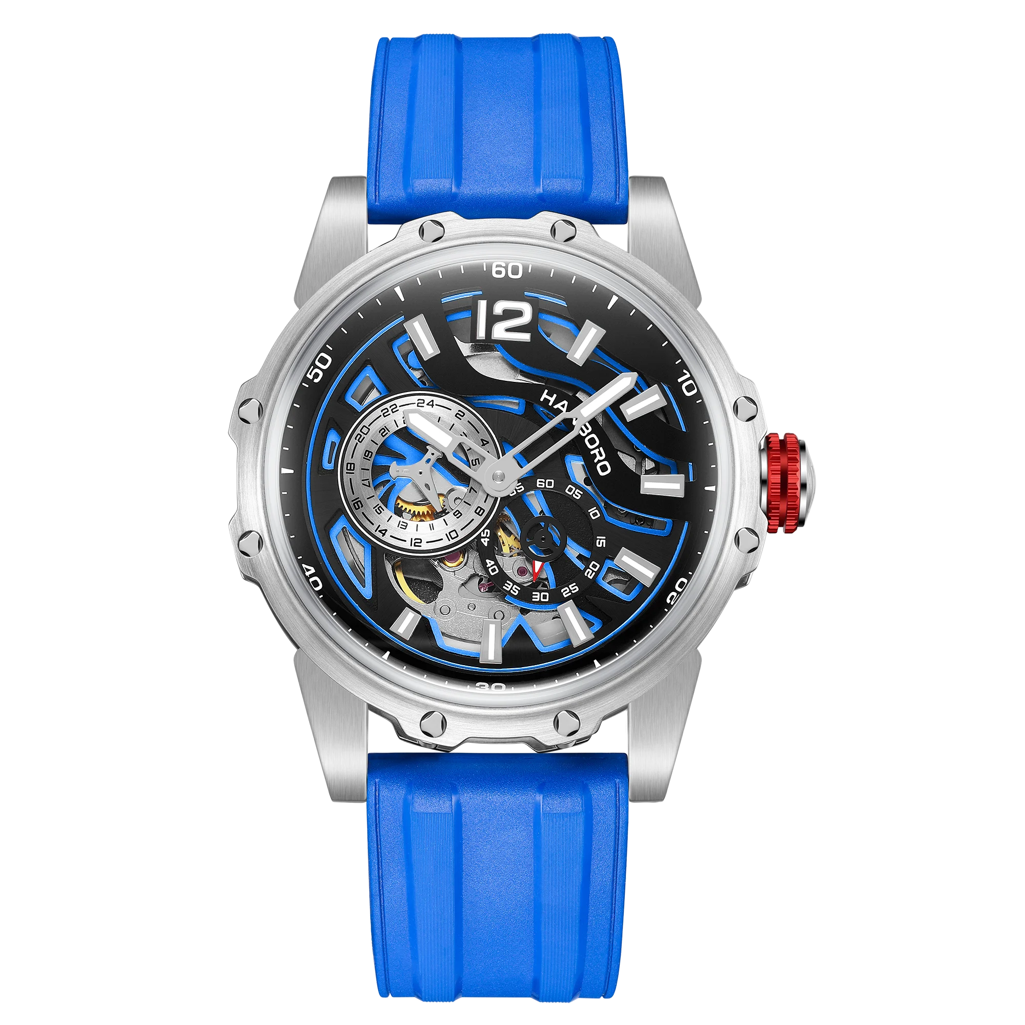 HANBORO Zebra Stripe Automatic Watch — 44mm Round, Crystal, Rubber Strap