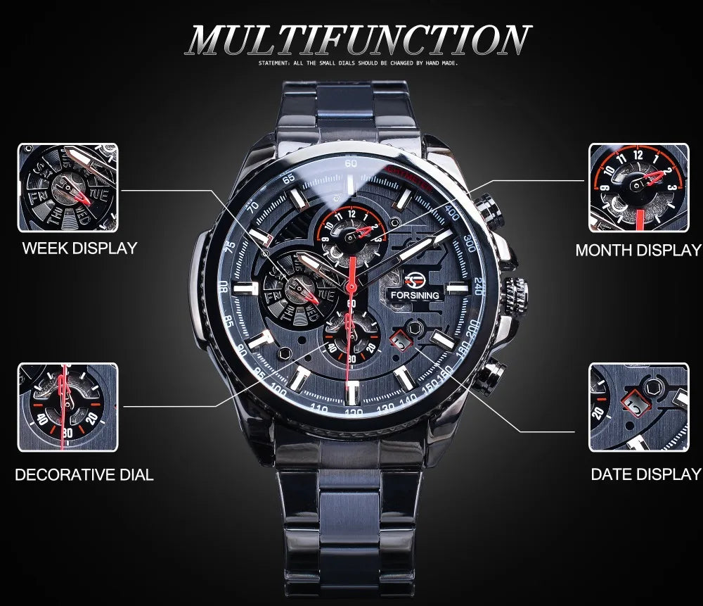 Forsining Three-Dial Automatic Mechanical Watch — 44mm, Day/Date