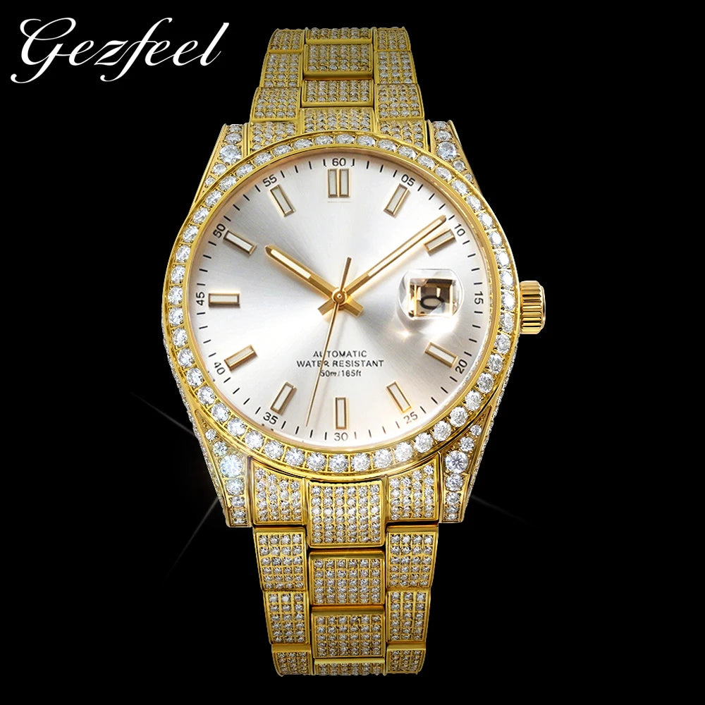 Premium Iced Out Moissanite Automatic Watch — 43mm, Sapphire, Day/Date
