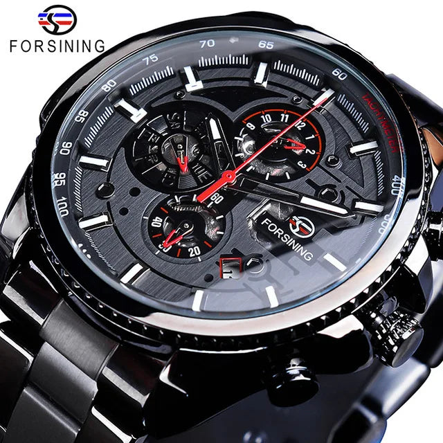 Forsining Three-Dial Automatic Mechanical Watch — 44mm, Day/Date