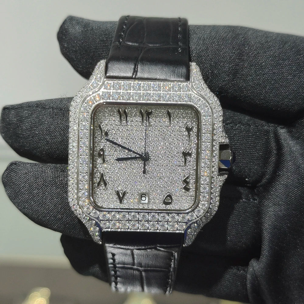 Hip Hop Square Moissanite Watch — Automatic, Leather Strap, Sapphire