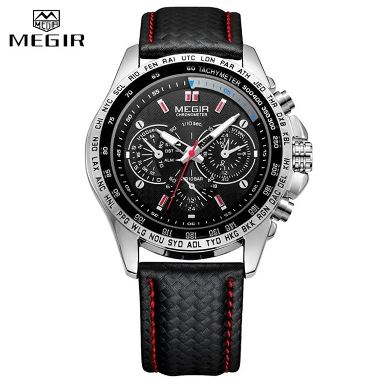 MEGIR 1010 Japan Quartz Chronograph Watch — 45mm, Leather, Luminous