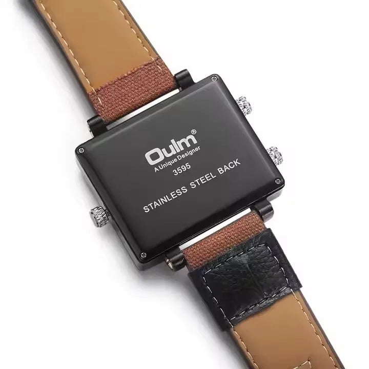 Oulm 3595 Large Dial Dual Time Zone Quartz Watch — 50mm Square, Leather