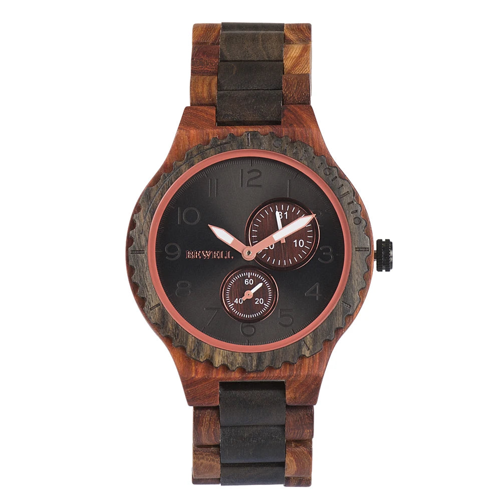 BEWELL Natural Wood Quartz Watch — 45mm, Japanese Movement