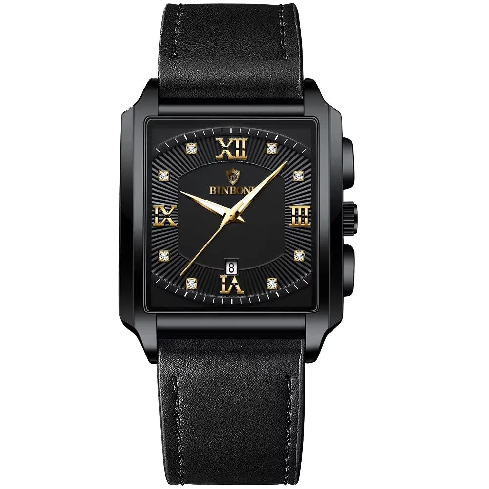BINBOND B4143 Square Quartz Watch — 43mm, Luminous, Day/Date, 3BAR