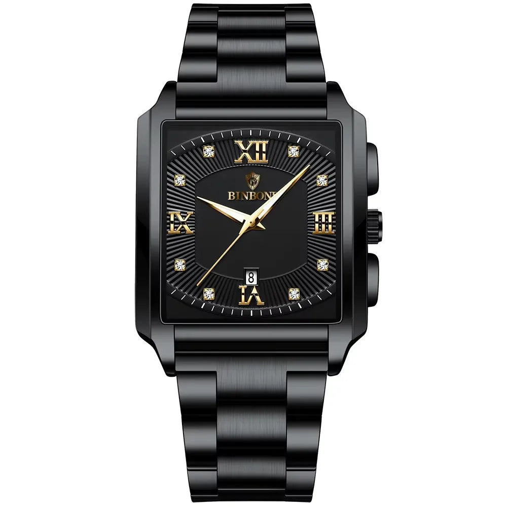 BINBOND B4143 Square Quartz Watch — 43mm, Luminous, Day/Date, 3BAR