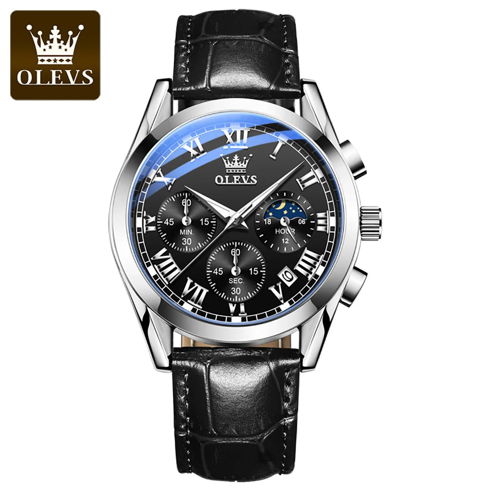 OLEVS 2871 Moon Phase Quartz Watch — 41mm, Leather, Hidden Clasp