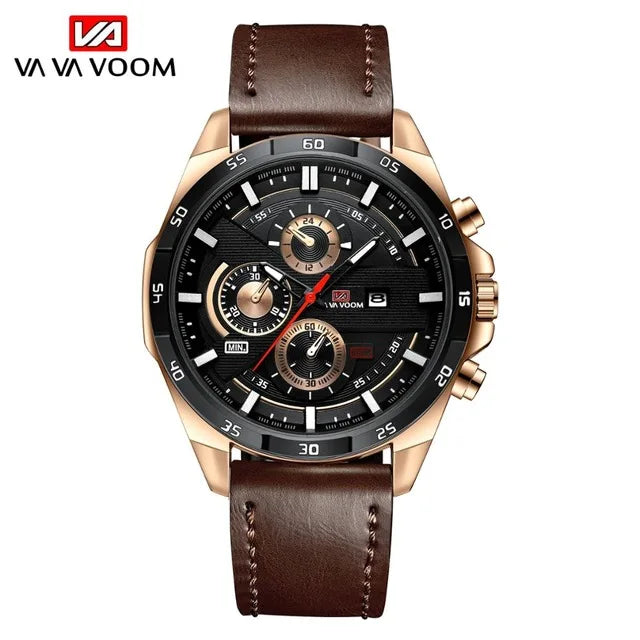 VA VA VOOM 216 Fashion Leather Quartz Watch — 45mm Oval, Day/Date, 3BAR