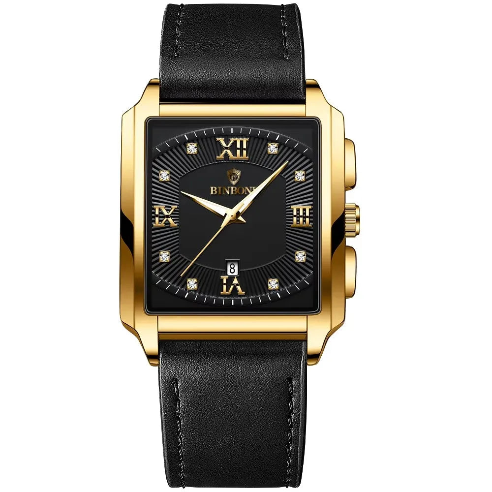 BINBOND B4143 Square Quartz Watch — 43mm, Luminous, Day/Date, 3BAR