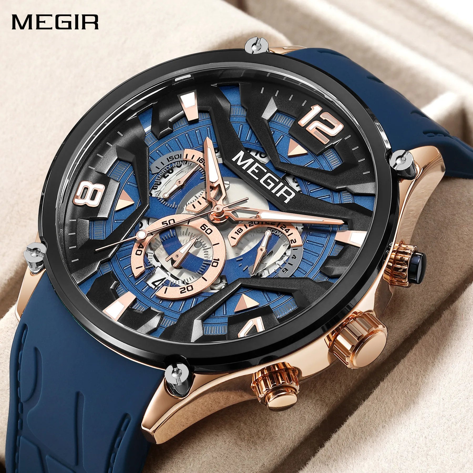 MEGIR 2222 Chronograph Silicone Watch — 43mm, Luminous, Day/Date