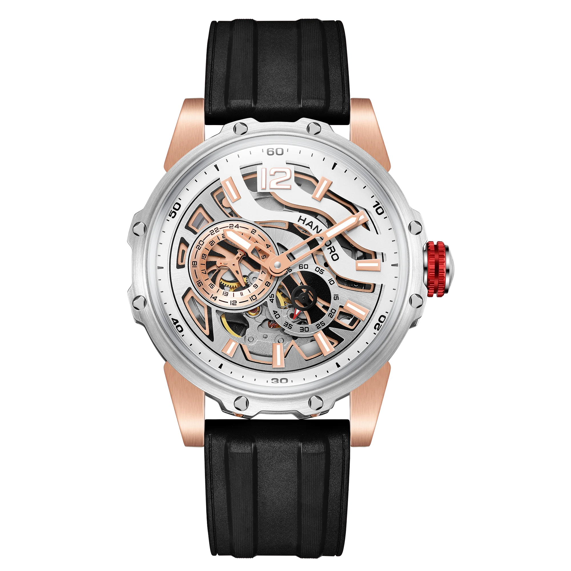 HANBORO Zebra Stripe Automatic Watch — 44mm Round, Crystal, Rubber Strap