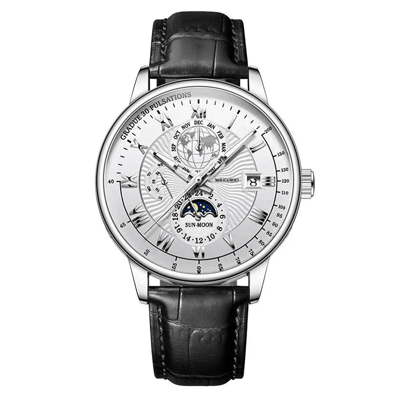 Men's Fashion Leather Oval Quartz Watch — 40mm, Day/Date, 3BAR