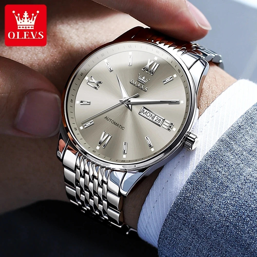 OLEVS 6777 Automatic Mechanical Watch — 40mm, Leather, Full Calendar