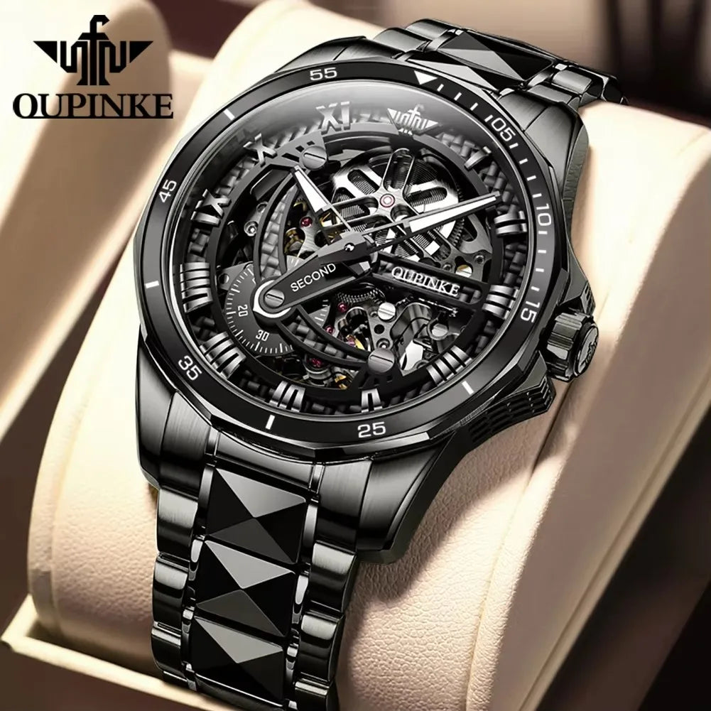 OUPINKE Tungsten Skeleton Automatic Watch — Sapphire, 5BAR, Week Display