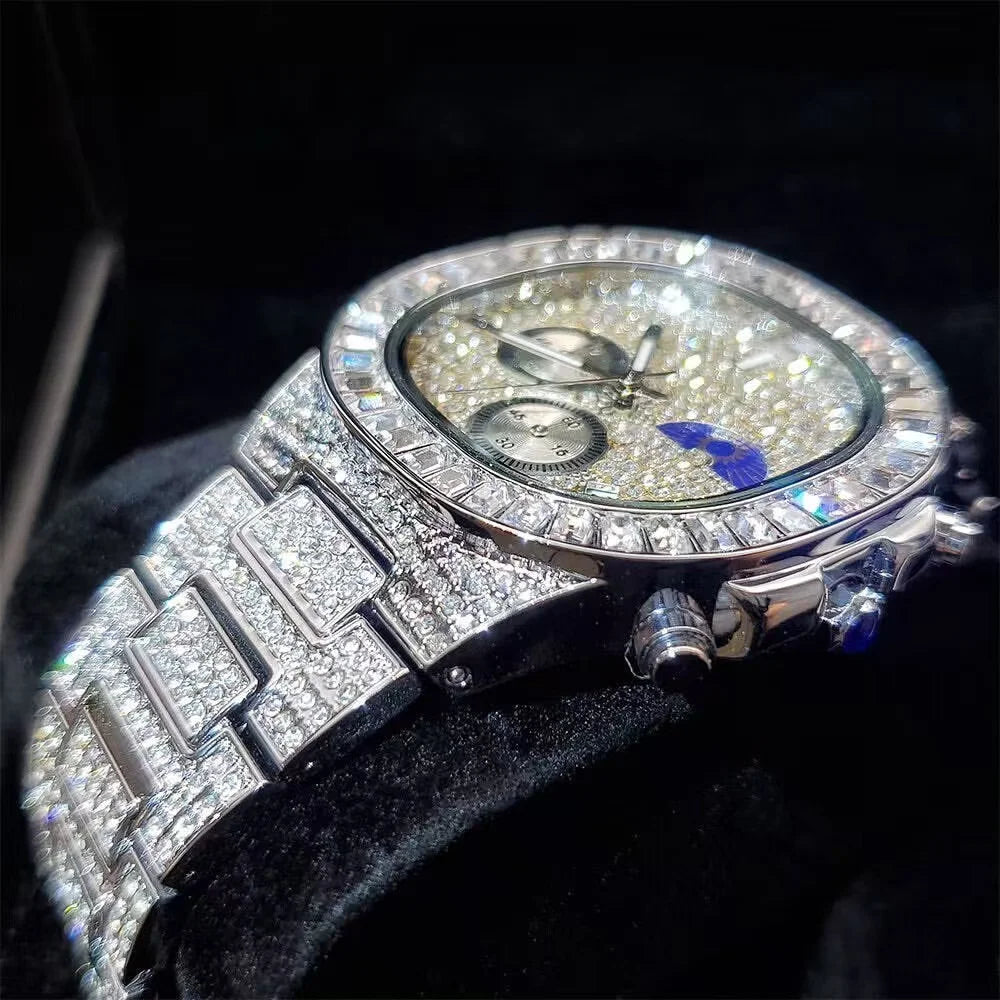 Iced Out Diamond Square Quartz Watch — 44mm, Day/Date, 3BAR