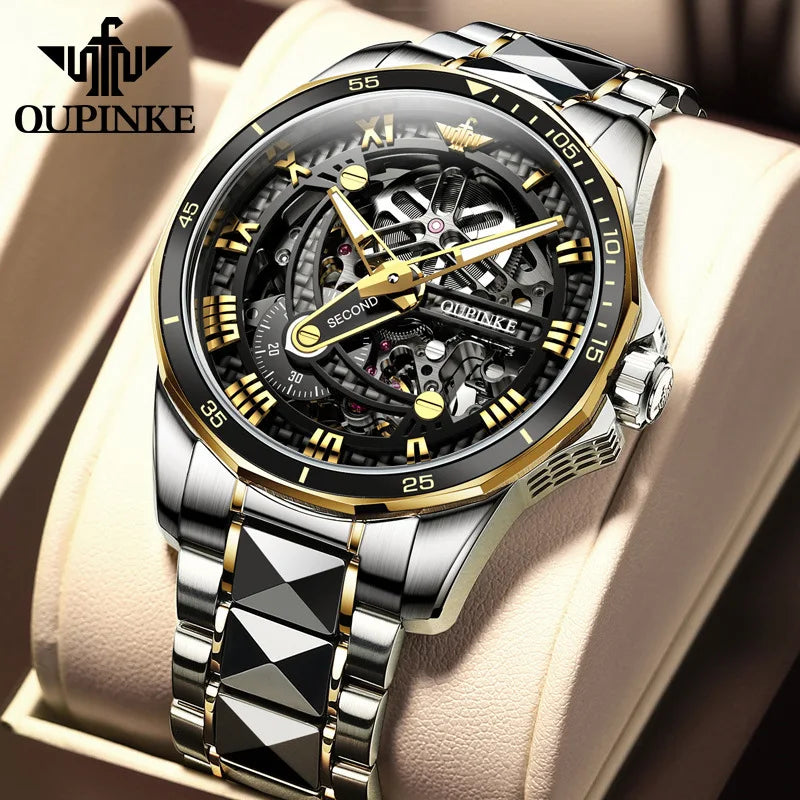 OUPINKE Tungsten Skeleton Automatic Watch — Sapphire, 5BAR, Week Display