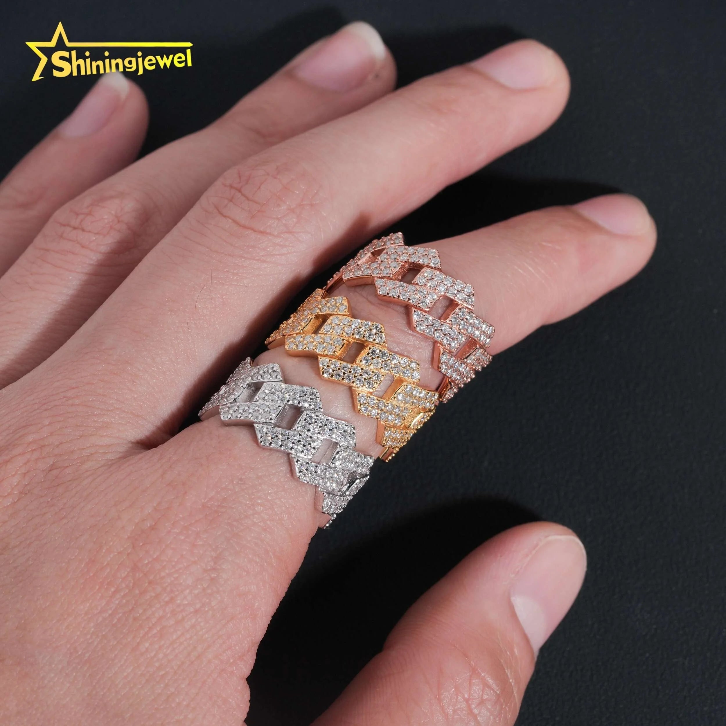 Factory Direct High Quality Hip Hop Two Row 925 Sterling Silver Moissanite Iced Out Cuban Ring
