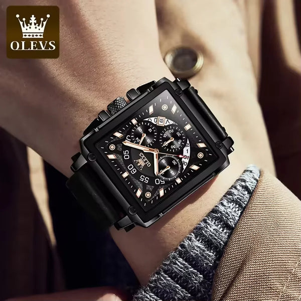 OLEVS Luxury Square Hollow Quartz Watch — 42×45mm, Moon Phase, Backlight