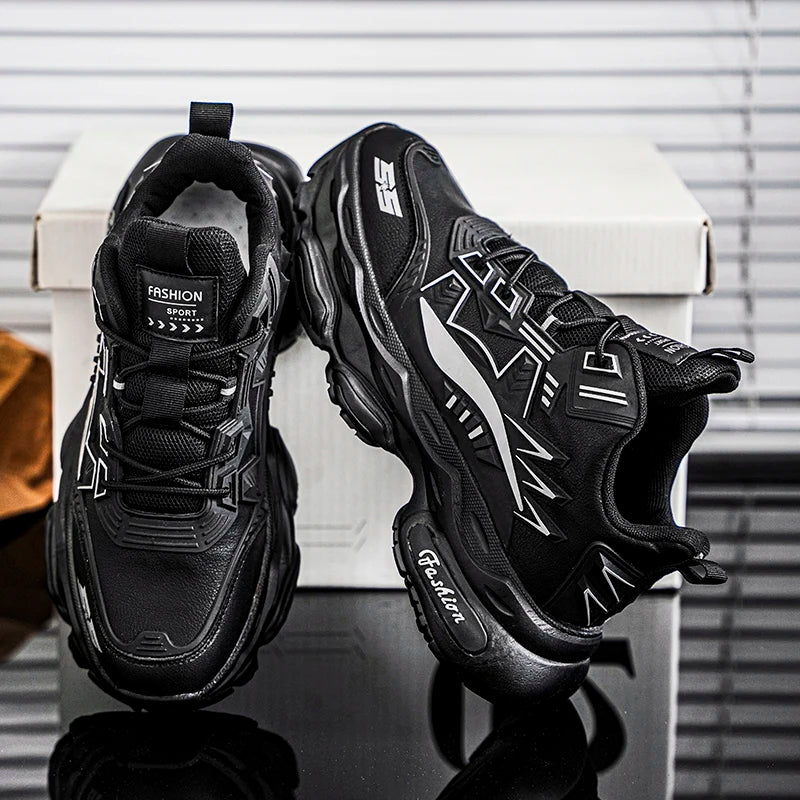 2025 Logo Custom Premium Synthetic Leather Breathable Mesh Chunky Sole Sneakers for Men Geometric Pattern Fashion Athletic Shoes