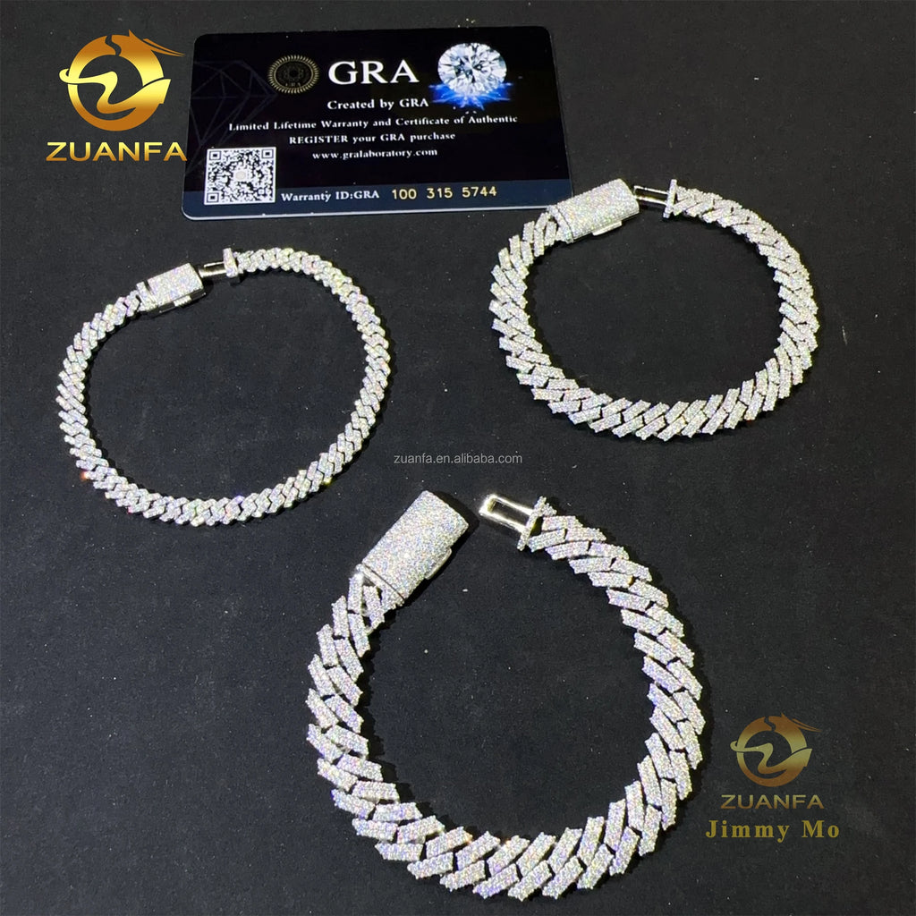 Bulk Stock 5mm 8mm 10mm FL Moissanite Diamond Hip Hop Jewelry 925 Sterling Silver Prong Setting Square Cuban Link Bracelet Men