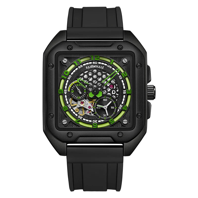 Fairwhale Skeleton Automatic Watch — Square Case, Silicone Strap, 3BAR