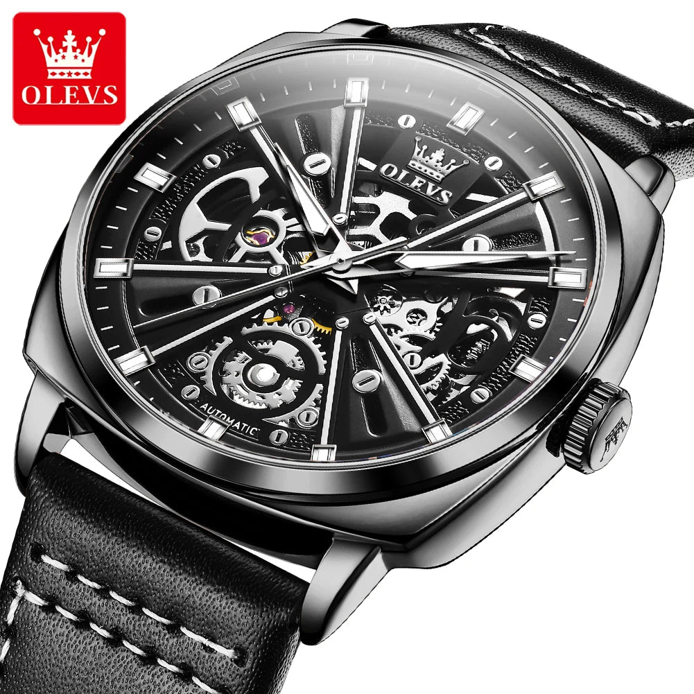 OLEVS 6685 Luminous Skeleton Automatic Watch — Power Reserve, 3BAR