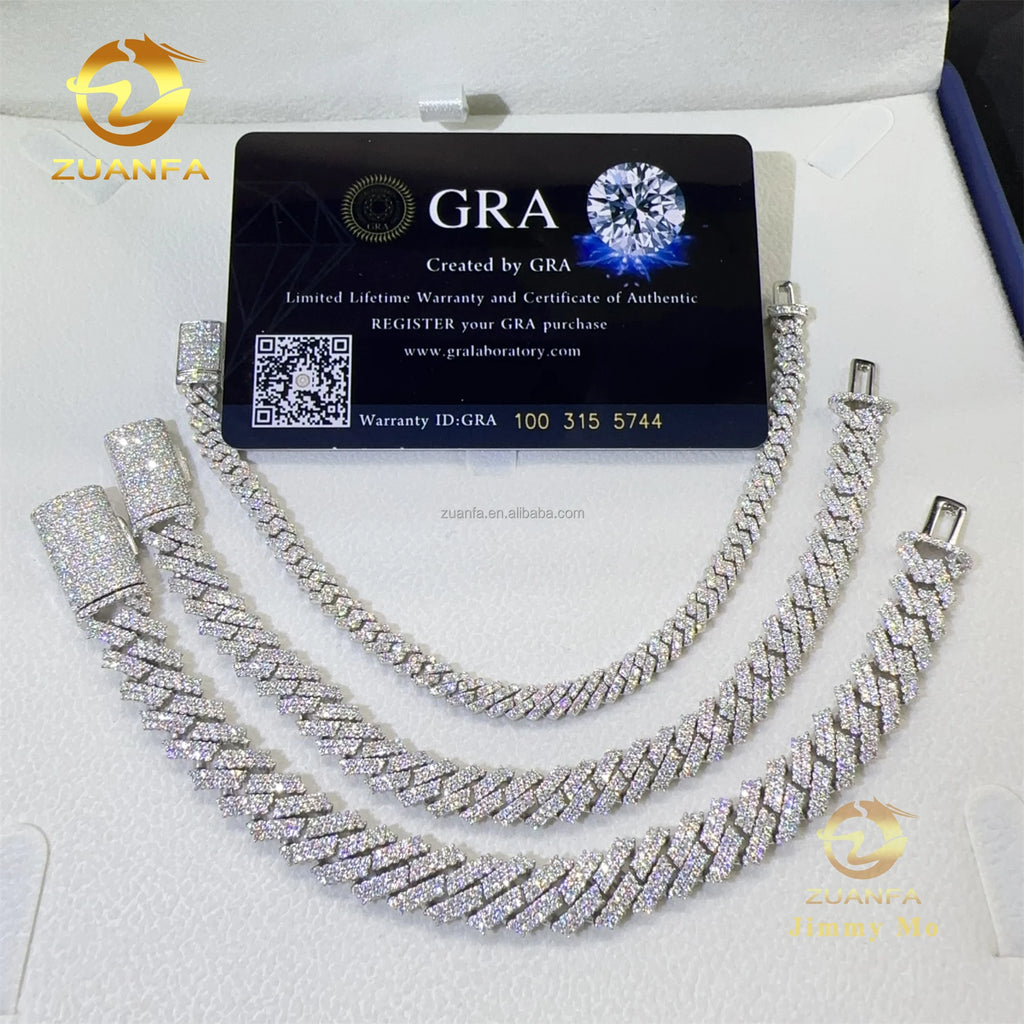 Bulk Stock 5mm 8mm 10mm FL Moissanite Diamond Hip Hop Jewelry 925 Sterling Silver Prong Setting Square Cuban Link Bracelet Men