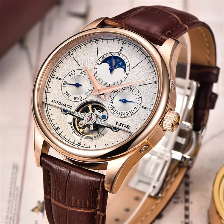 LIGE Skeleton Moon Phase Quartz Watch — 42mm, Leather, Japan Movement