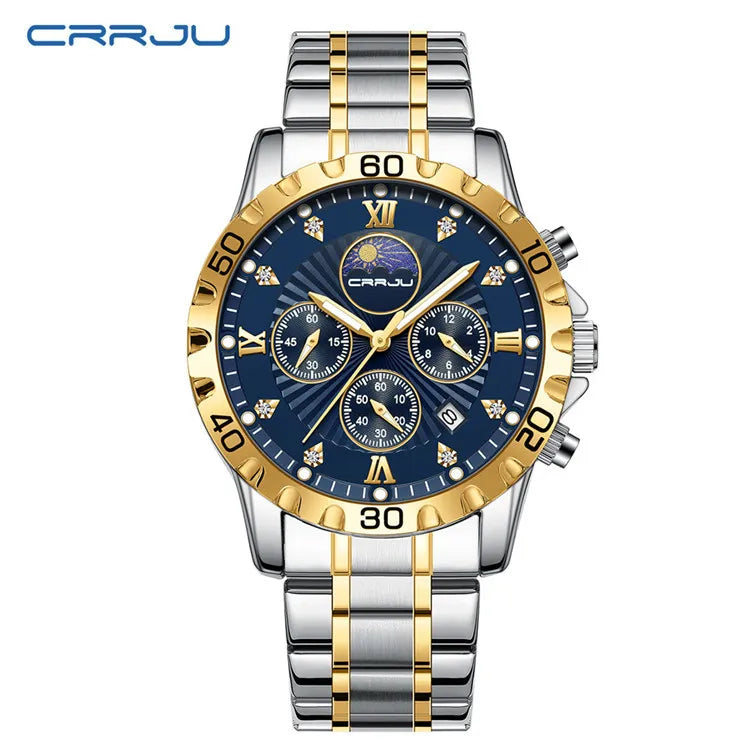 CRRJU Business Dress Quartz Watch — 43mm, Luminous, Stainless Bracelet