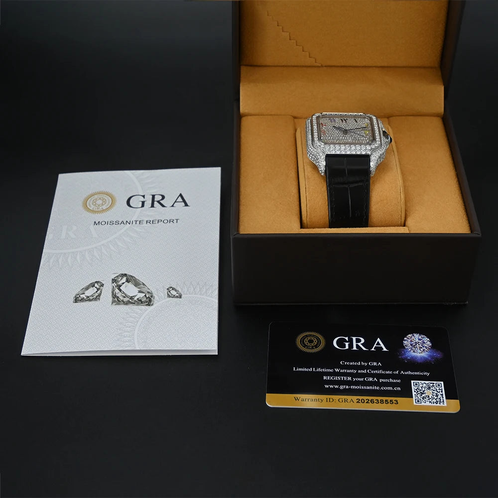 Hip Hop Square Moissanite Watch — Automatic, Leather Strap, Sapphire