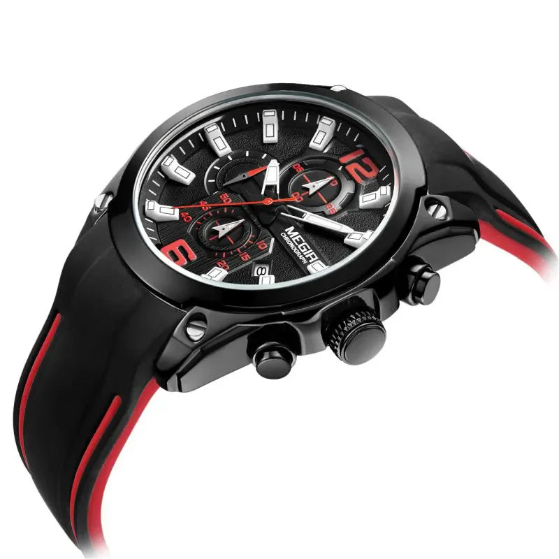 MEGIR 2063 Chronograph Sport Watch — 46.5mm, Silicone, Auto Date, 3BAR