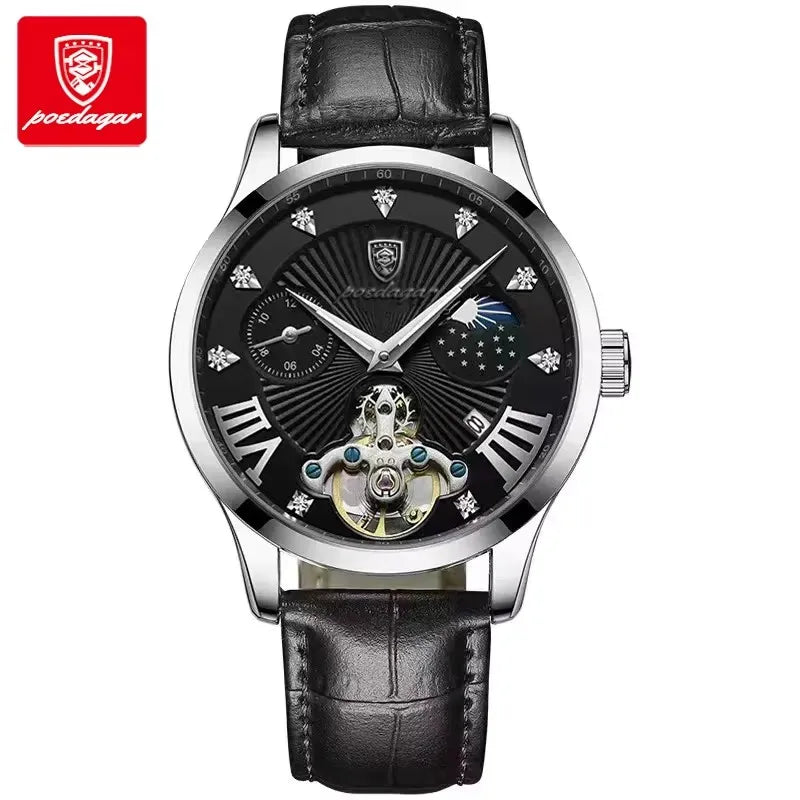POEDAGAR 906 Diamond Leather Watch — 41mm Oval, Day/Date, Luminous