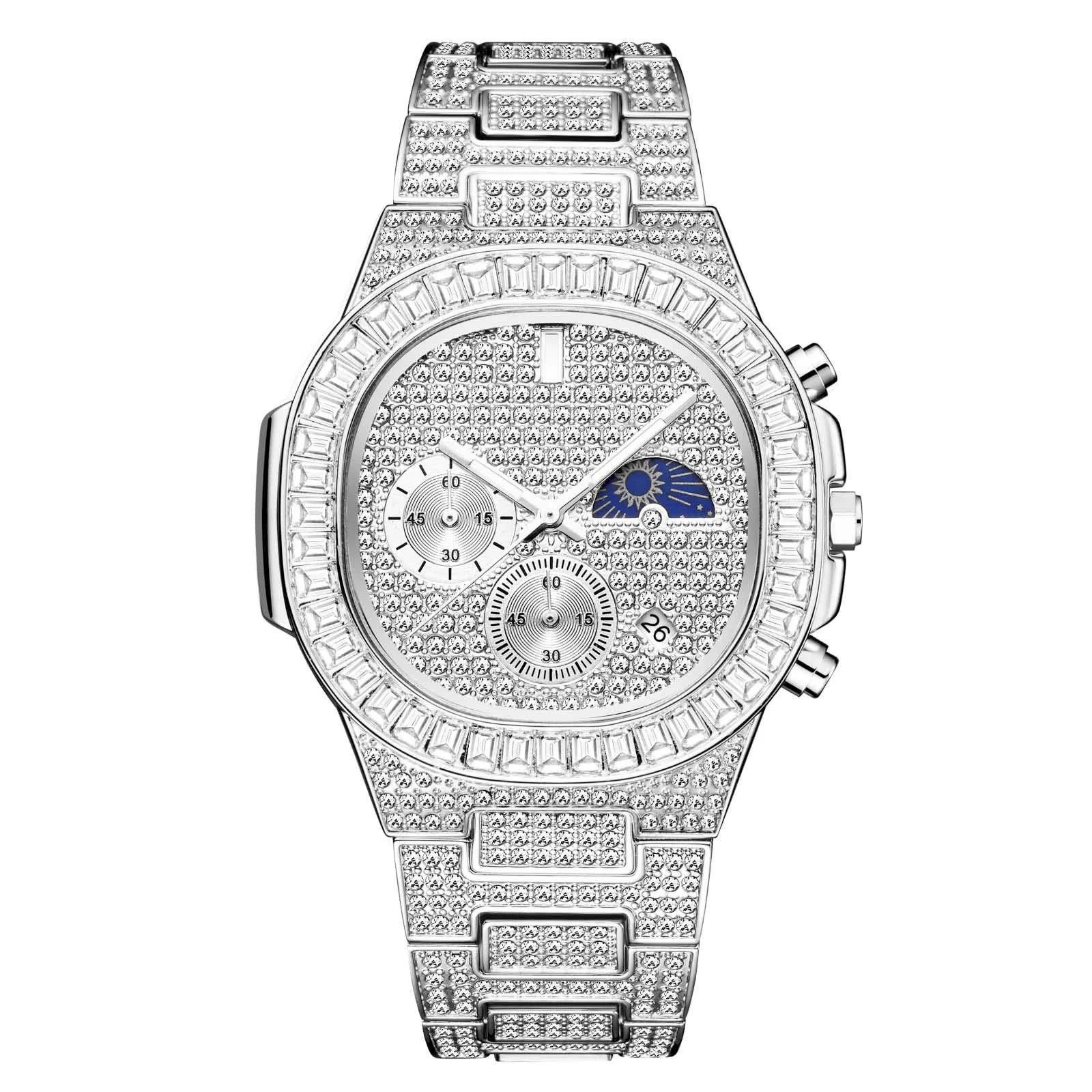 Iced Out Diamond Square Quartz Watch — 44mm, Day/Date, 3BAR