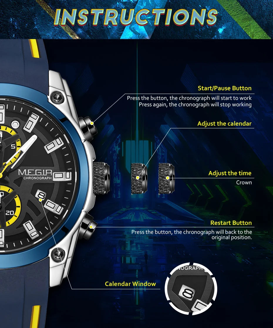 MEGIR 2144 Chronograph Sport Watch — 46.5mm, Japan Quartz, Silicone