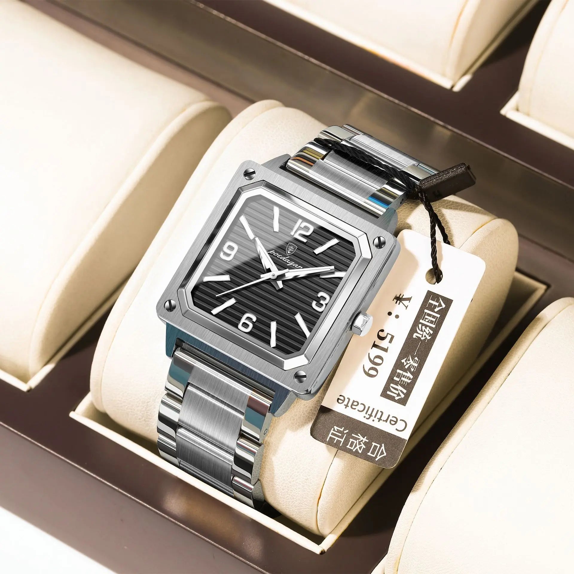 POEDAGAR 870 Big Dial Square Quartz Watch — Day/Date, Stainless, 3BAR