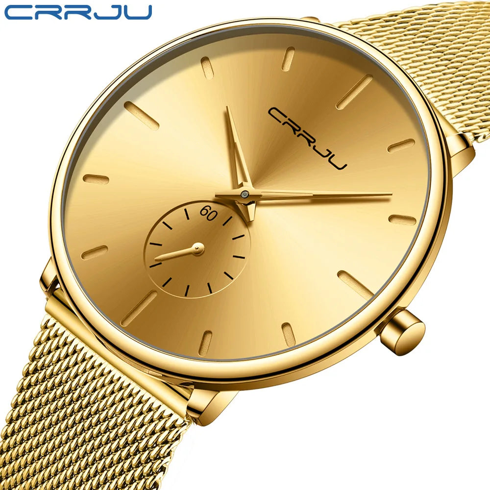 CRRJU 2150 Gold Ultra-Thin Oval Quartz Watch — 40mm, Auto Date, 3BAR