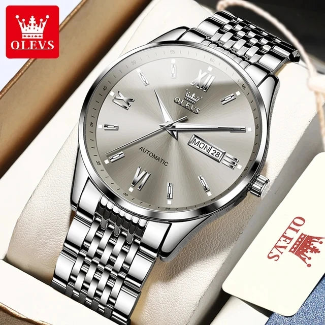 OLEVS 6777 Automatic Mechanical Watch — 40mm, Leather, Full Calendar