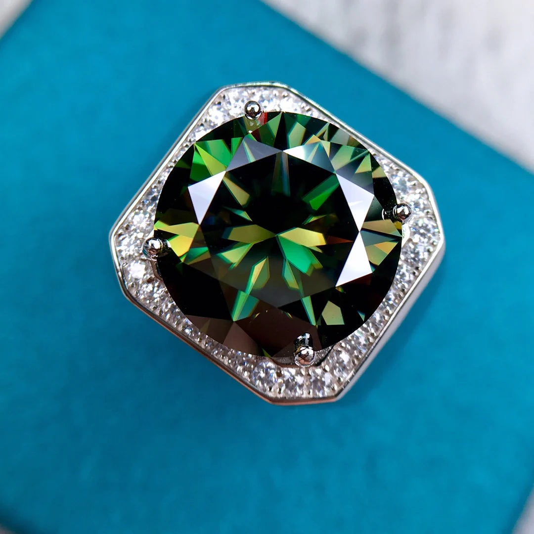 Silver 925 Original 10 Carat Excellent Cut Diamond Test Past Large Green Moissanite Ring for Men Gift Brilliant Gemstone Jewelry