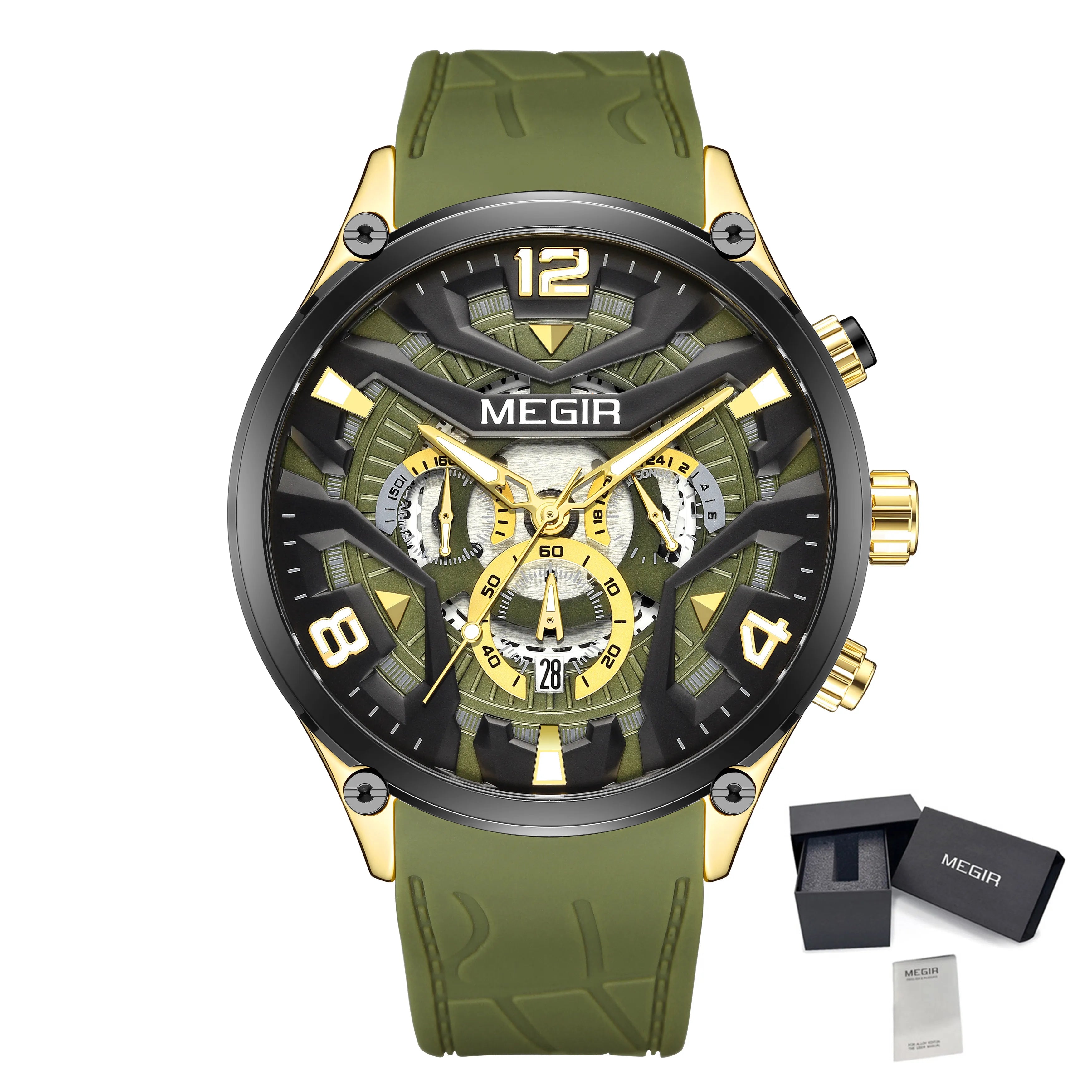 MEGIR 2222 Chronograph Silicone Watch — 43mm, Luminous, Day/Date