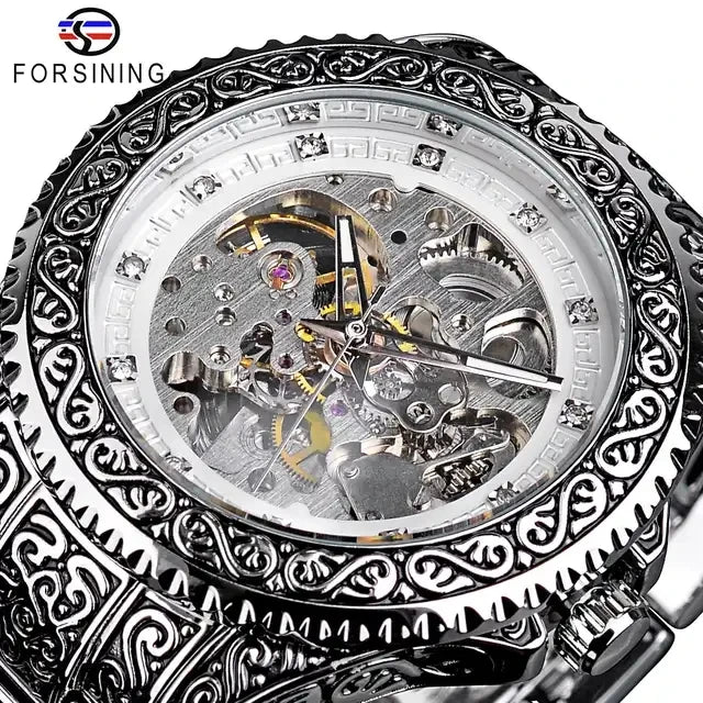 Forsining Gold Diamond Skeleton Automatic Watch — 44mm Oval, Luminous