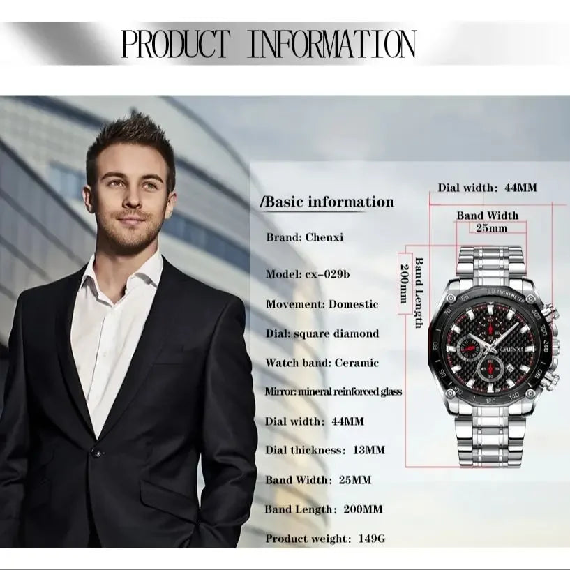 CHENXI 029 Japan Quartz Business Watch — 44mm Oval, Luminous, 3BAR