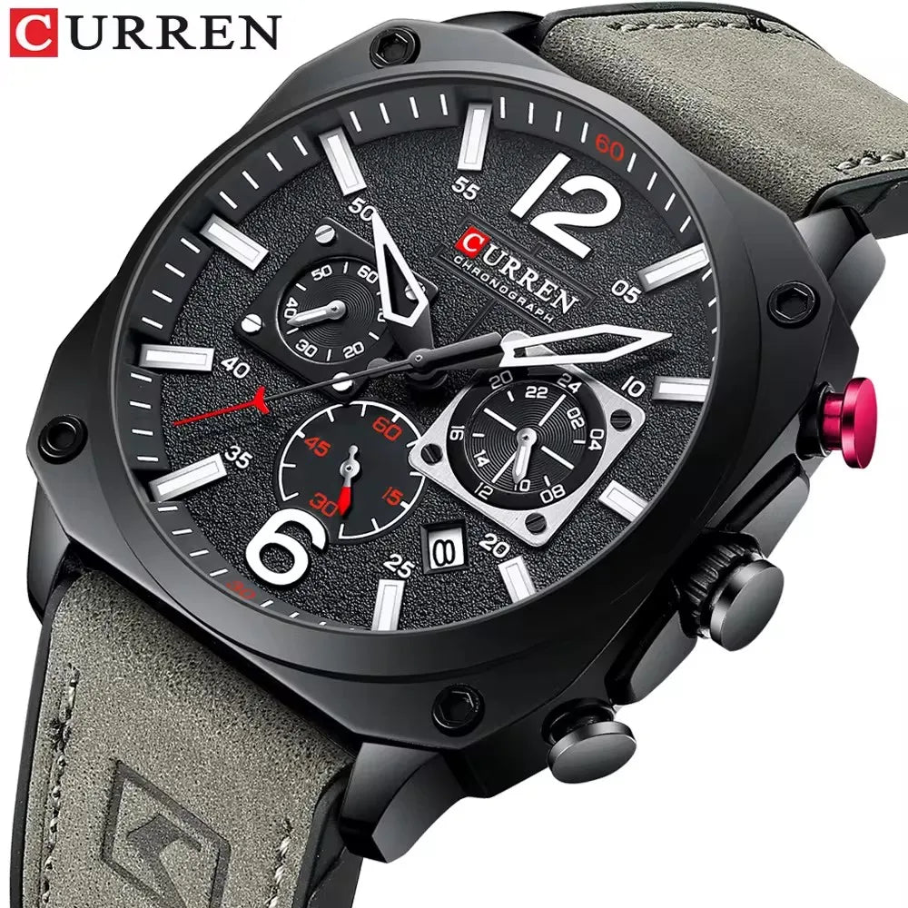 CURREN 8398 Leather Chronograph Watch — 45mm, Stopwatch, Luminous, 3BAR