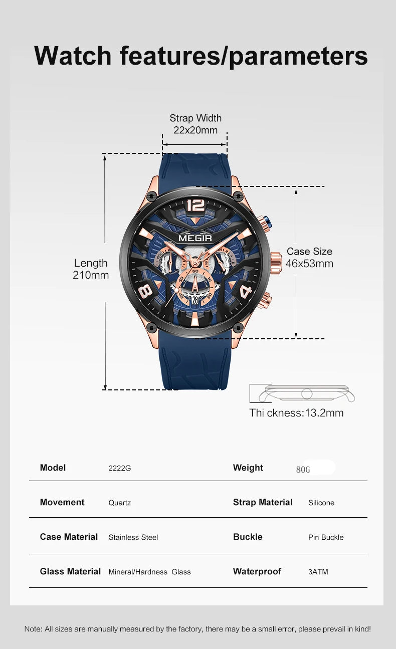 MEGIR 2222 Chronograph Silicone Watch — 43mm, Luminous, Day/Date